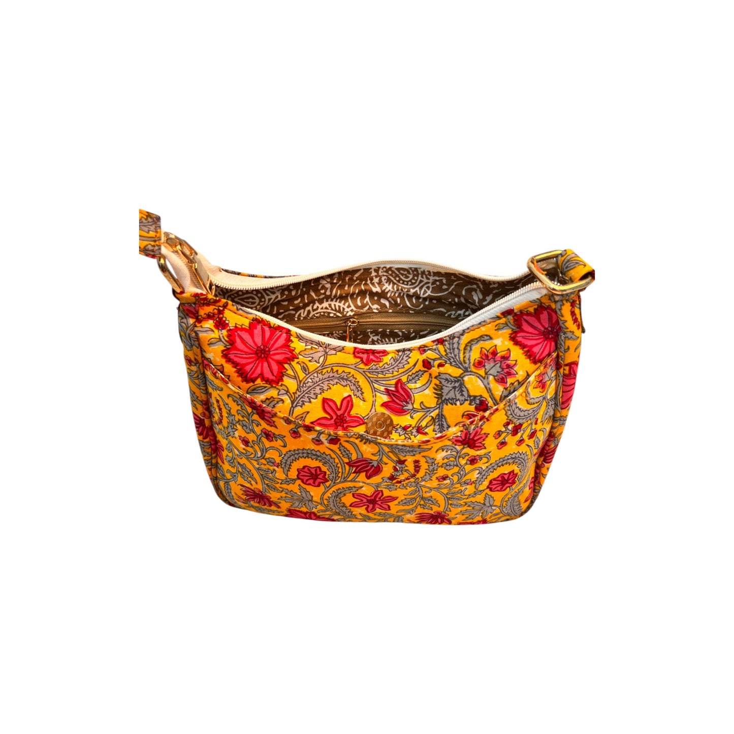 Ardan Yellow Sling Bag In Floral Printed Cotton with Multiple Compartments & Pockets SKU68