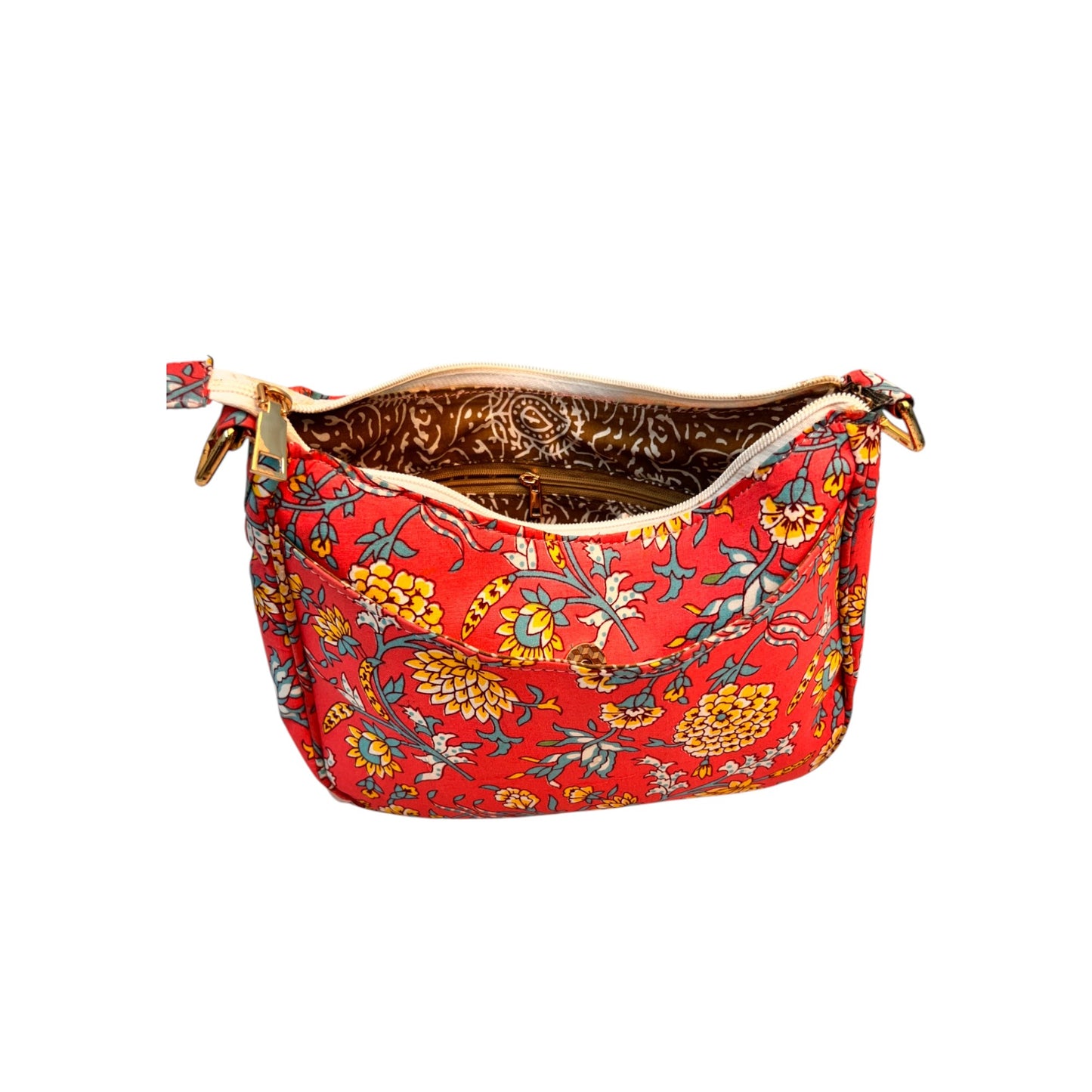 Ardan Pink Sling Bag In Floral Printed Cotton with Multiple Compartments & Pockets SKU69