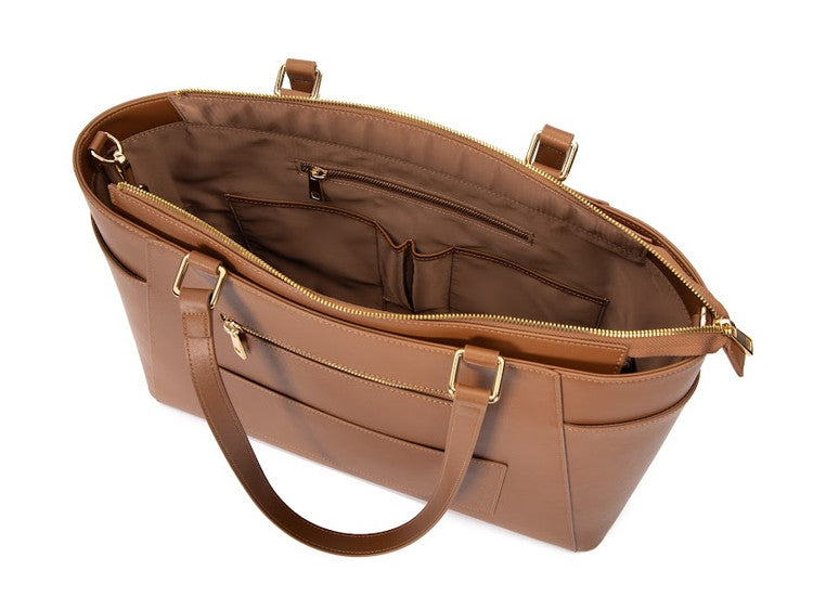 Structured Leather Work Tote Bag with Gold Hardware and Laptop Compartment – Brown