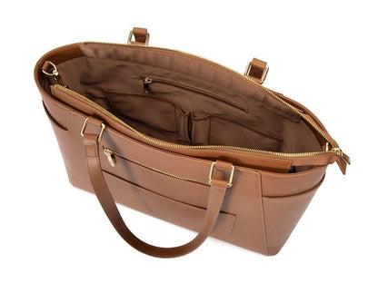 Structured Leather Work Tote Bag with Gold Hardware and Laptop Compartment – Brown