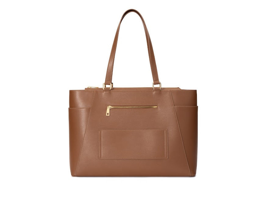 Structured Leather Work Tote Bag with Gold Hardware and Laptop Compartment – Brown