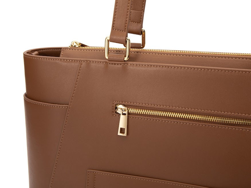 Structured Leather Work Tote Bag with Gold Hardware and Laptop Compartment – Brown
