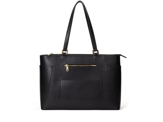 Structured Leather Work Tote Bag with Gold Hardware and Laptop Compartment – Black