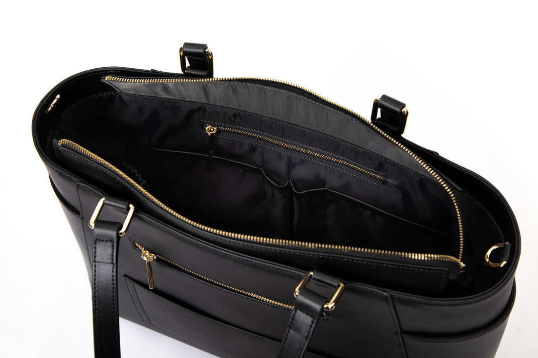 Structured Leather Work Tote Bag with Gold Hardware and Laptop Compartment – Black – Women's HandBag/Sling Bag – additional product photo | Leather Villa