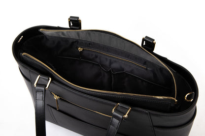Structured Leather Work Tote Bag with Gold Hardware and Laptop Compartment – Black – Women's HandBag/Sling Bag – additional product photo | Leather Villa