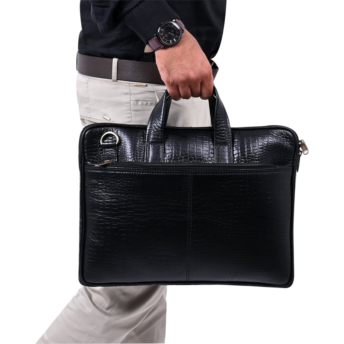 Genuine Leather 15Inch Laptop Sleeve Bag Sleek Design Office Bag – Black Textured – Leather Laptop Bag – additional product photo | Leather Villa