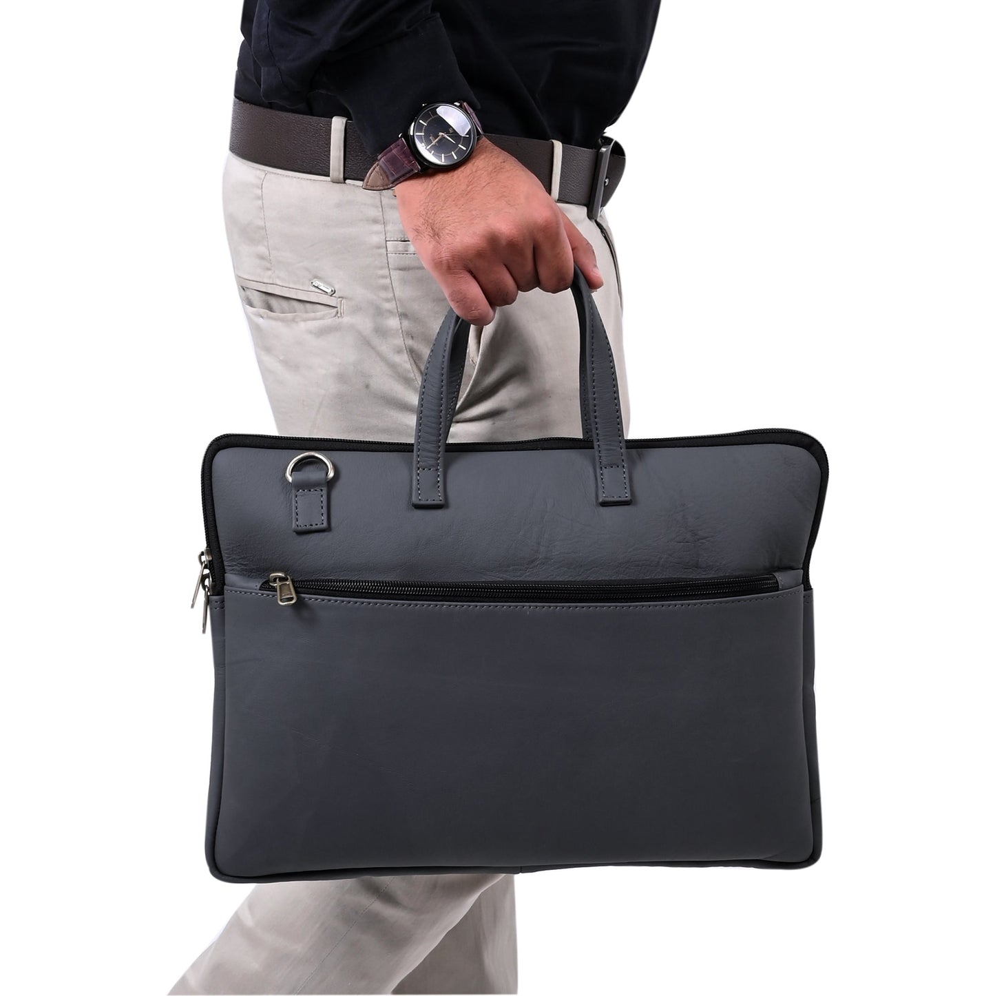 Genuine Leather 15Inch Laptop Sleeve Bag Sleek Design Office Bag – Grey – Leather Laptop Bag – additional product photo | Leather Villa