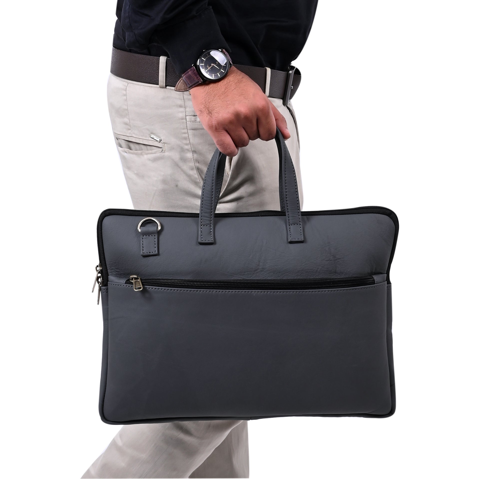 Genuine Leather 15Inch Laptop Sleeve Bag Sleek Design Office Bag – Grey – Leather Laptop Bag – additional product photo | Leather Villa