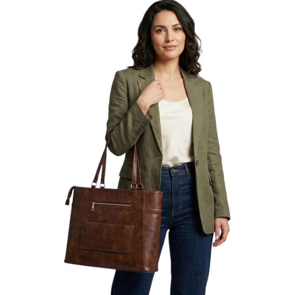 Structured Leather Work Tote Bag with Gold Hardware and Laptop Compartment – Coffee Brown