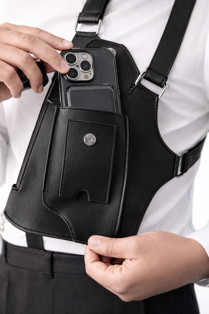 Person holding a black crossbody bag with a phone case attached on a white background