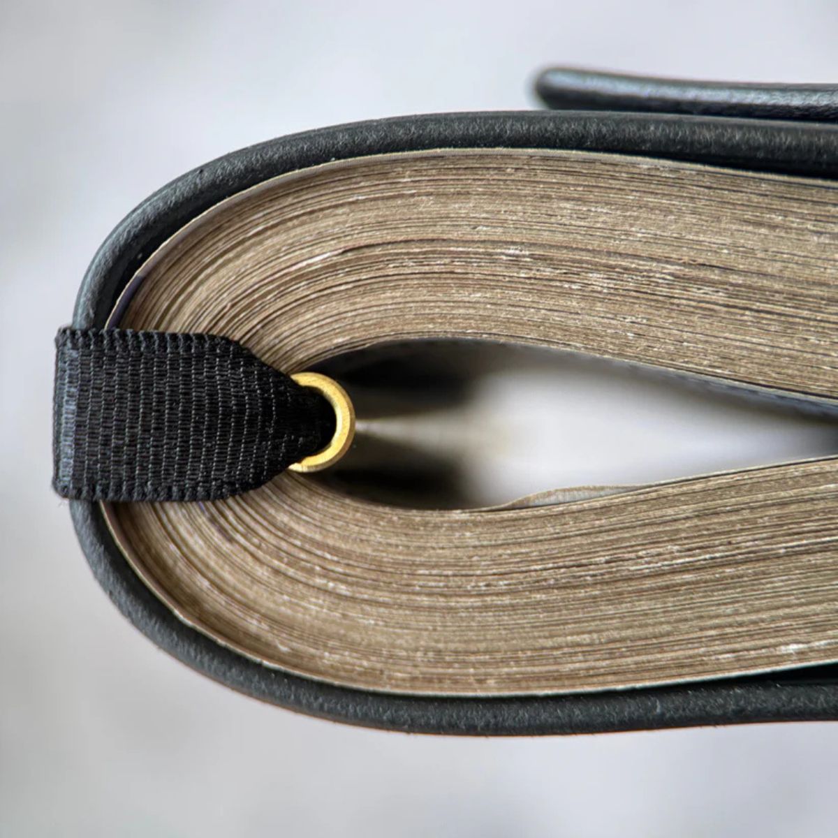 Close-up of a book with a black strap tied around it on a light gray background