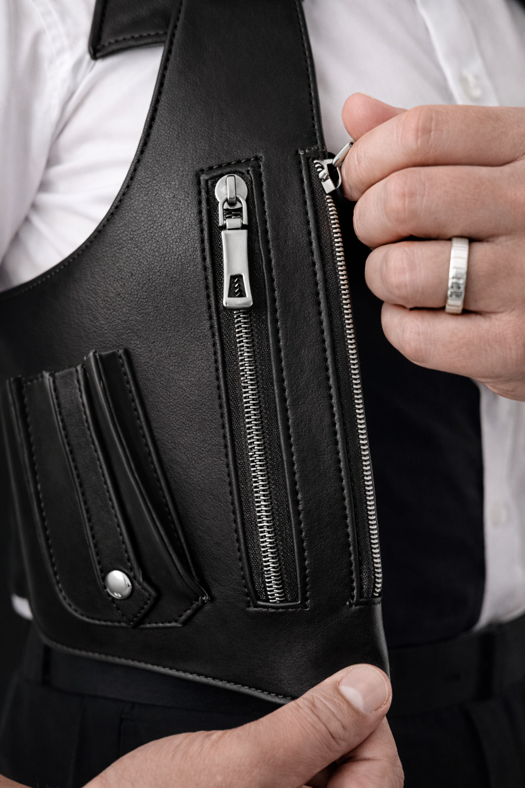 Close-up of a person opening a zipper on a black leather vest.