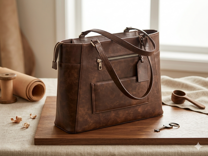 Structured Leather Work Tote Bag with Gold Hardware and Laptop Compartment – Coffee Brown