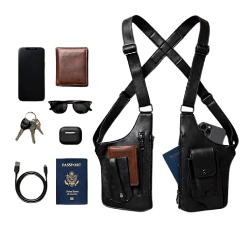 Black leather crossbody chest bag shown with matching accessories on a white background, including a smartphone, brown wallet, sunglasses, keys, earbud case, USB cable, passport, and blue ID card.