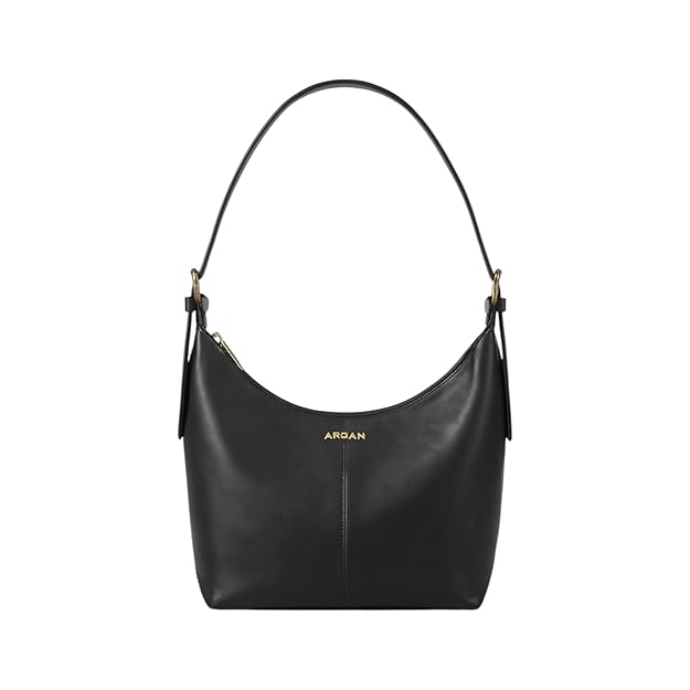 A black leather hobo shoulder bag with a single shoulder strap, gold-tone hardware, and the brand name 'AROAN' printed in gold on the front, shown against a plain white background.