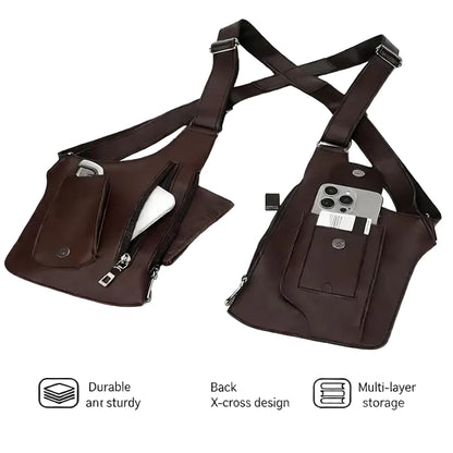 Two dark brown leather crossbody phone bags with adjustable straps and front pockets, shown on a white background with feature icons and text below.