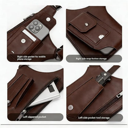 Brown leather waist bag with various pockets and storage options on a white background