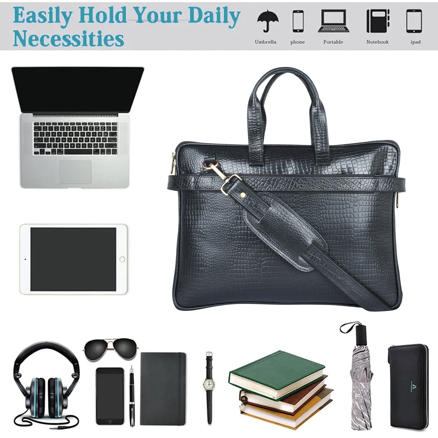 Genuine Leather Laptop/Office Bag for Men – Black Textured – Leather Laptop Bag – additional product photo | Leather Villa