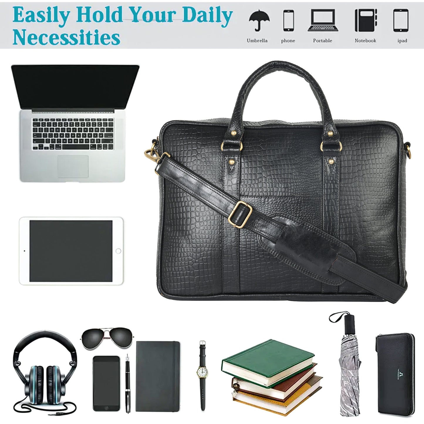 Genuine Leather Laptop/Office Bag for Men – Black Textured – Leather Laptop Bag – additional product photo | Leather Villa