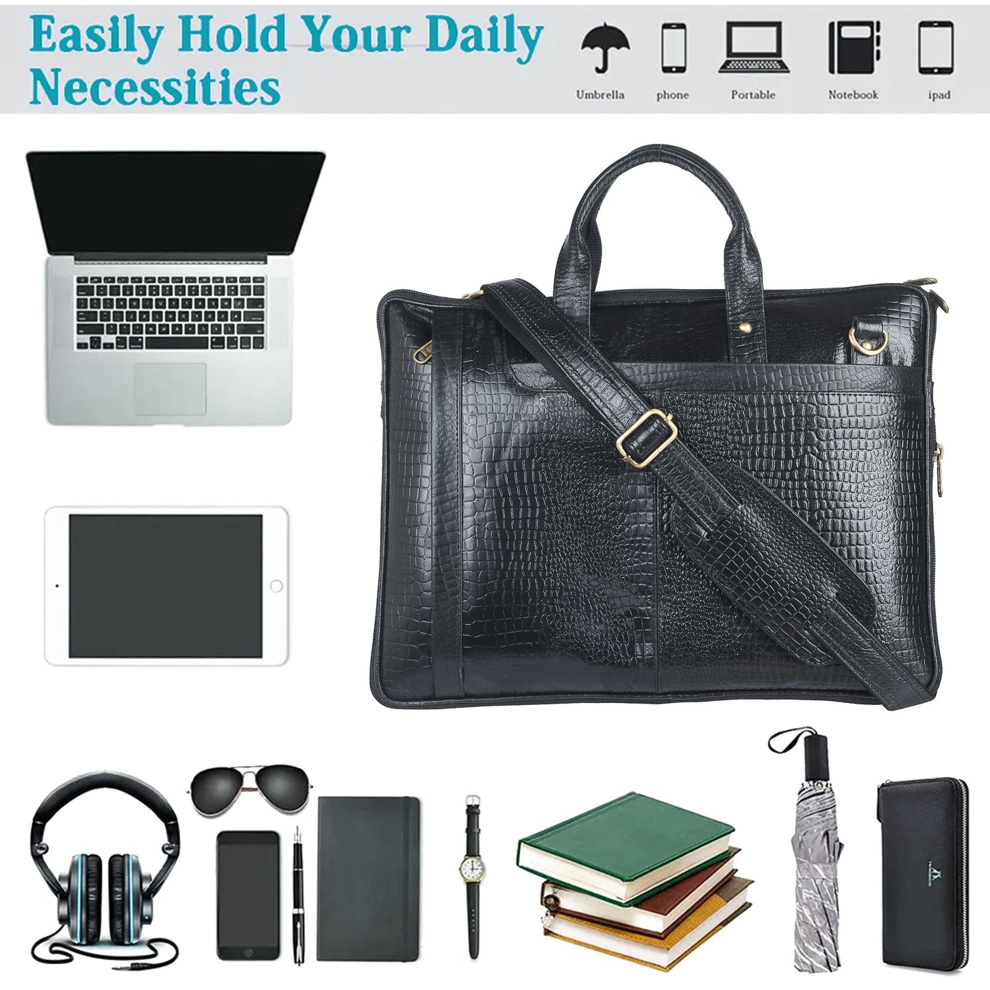 Genuine Leather Laptop/Office Bag for Men – Black Textured – Leather Laptop Bag – additional product photo | Leather Villa
