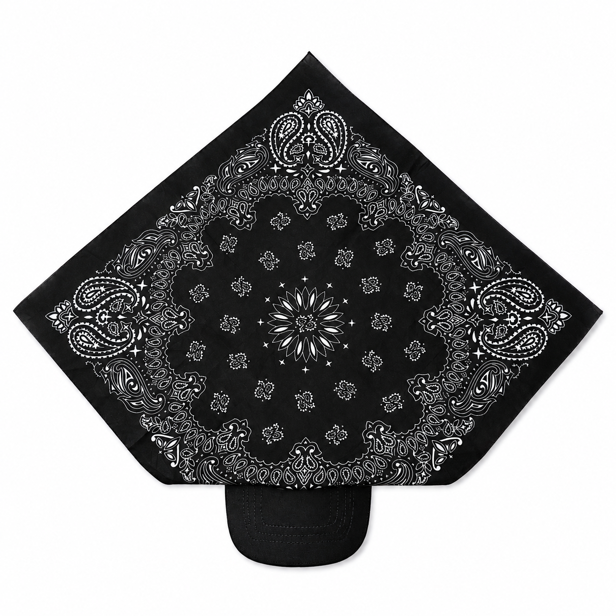 A black bandana with a white paisley and floral mandala pattern, folded to show its solid black underside, displayed on a clean white background.