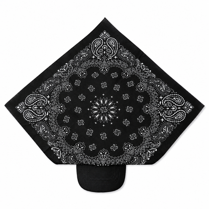 A black bandana with a white paisley and floral mandala pattern, folded to show its solid black underside, displayed on a clean white background.