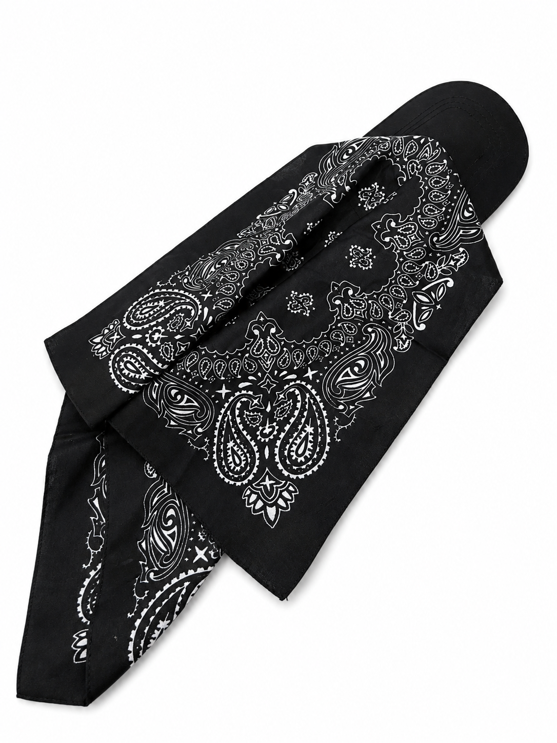 A black bandana scarf with a white paisley pattern, folded and displayed on a clean white background.