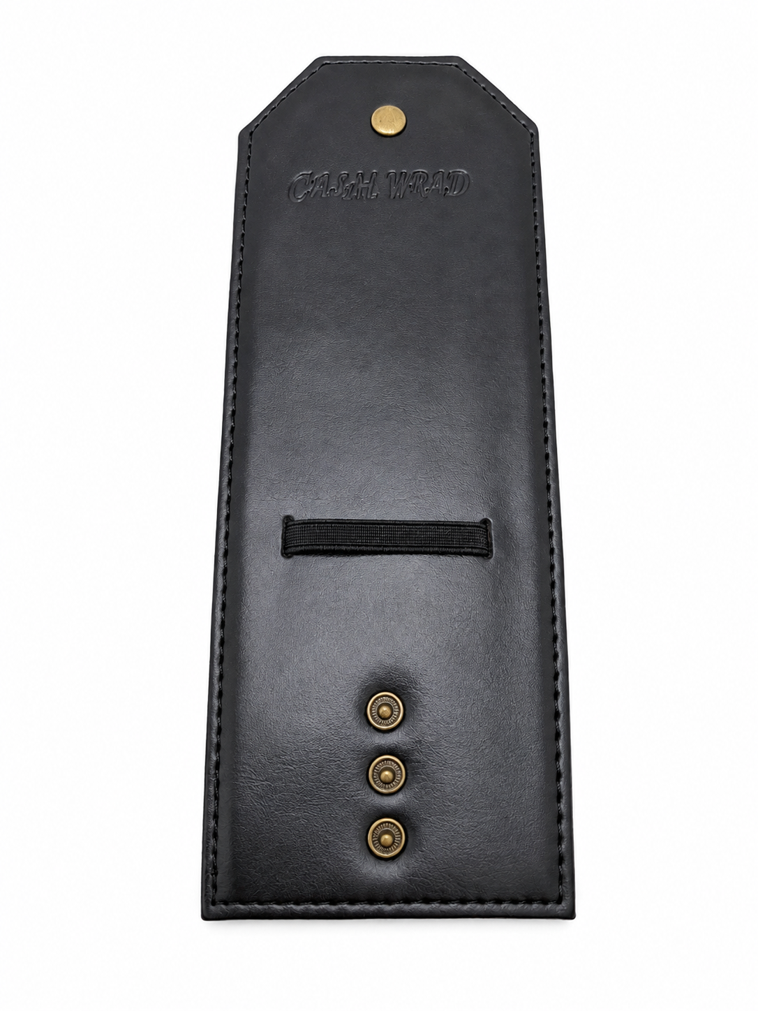 A black leather gun case or holster shown from the back, featuring a top tab, a horizontal black strap, and three brass snap buttons on a white background.