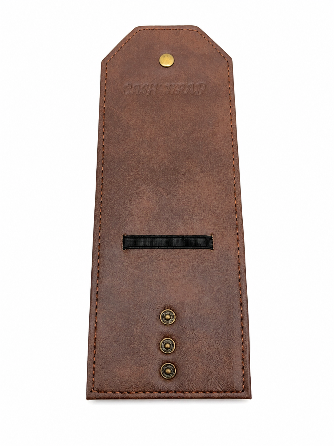 A brown leather money clip with a black elastic band, brass snap buttons, and a brass rivet on a white background.