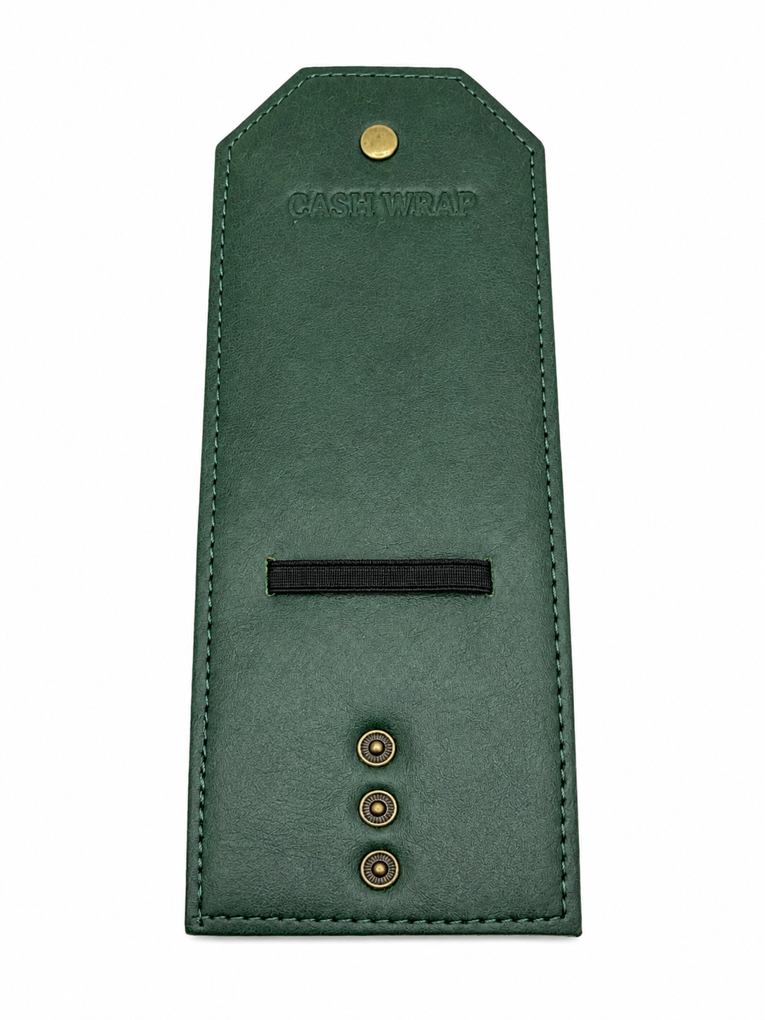 A dark green leather cash wrap with a black elastic band, brass snap buttons, and the brand name 'CASH WRAP' embossed at the top, shown on a plain white background.