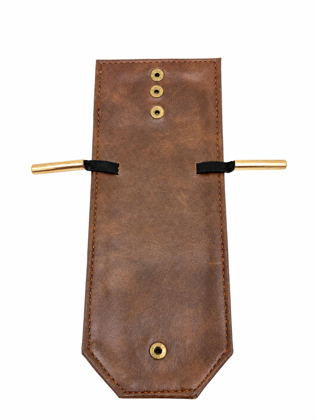 A brown leather accessory with a pointed bottom, three brass grommets at the top, a brass snap at the bottom, and two black elastic bands holding parallel brass rods on each side, shown on a white background.