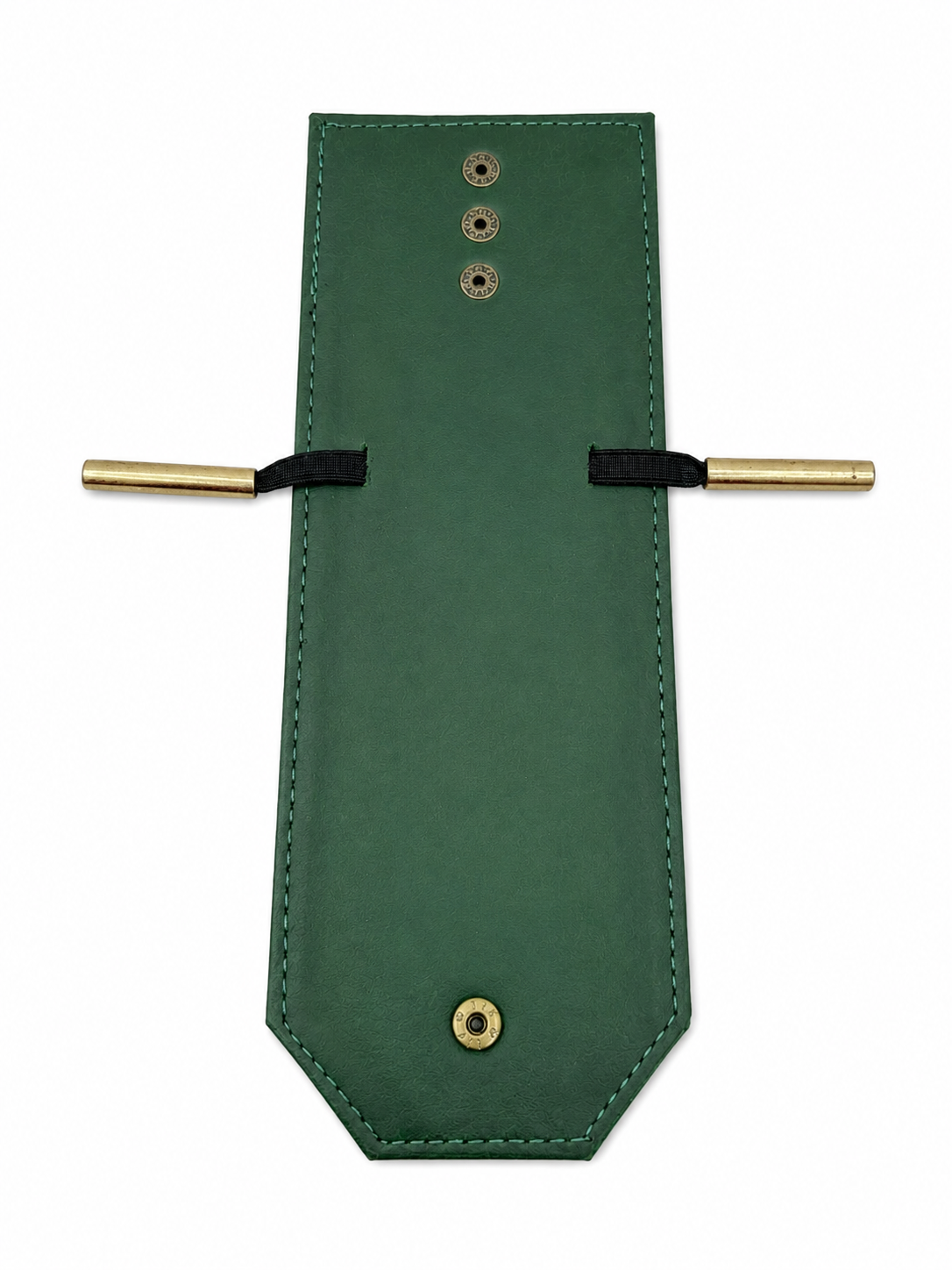 A dark green leather belt buckle cover with brass-toned metal hardware, including two side bars with black elastic loops and three decorative rivets on the front, shown against a plain white background.