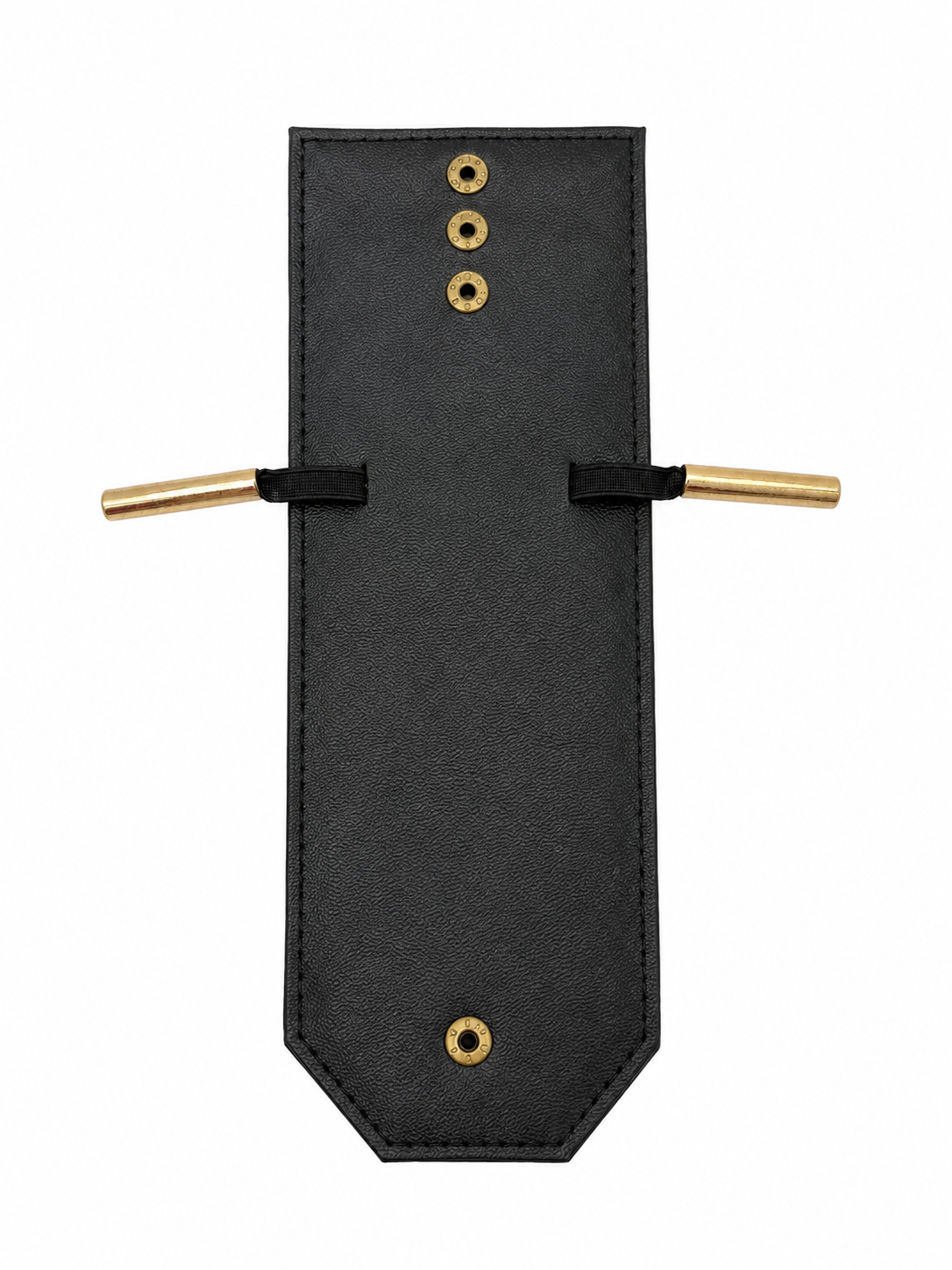 A black leather belt sheath or pouch with gold-tone metal grommets and two gold-toned metal bars extending from the sides, shown on a plain white background.