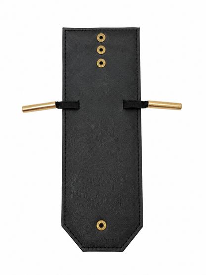 A black leather belt sheath or pouch with gold-tone metal grommets and two gold-toned metal bars extending from the sides, shown on a plain white background.