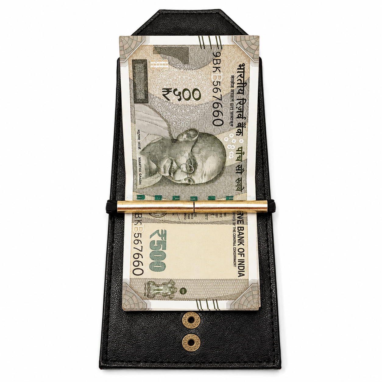 A black leather money clip wallet holding two Indian Rupee banknotes, with a shiny gold metal bar across the front and two gold rivets near the bottom, shown on a plain white background.