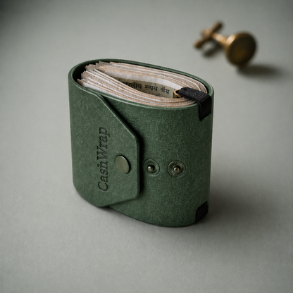 Green cash wrap with 'CashWrap' branding on a gray background