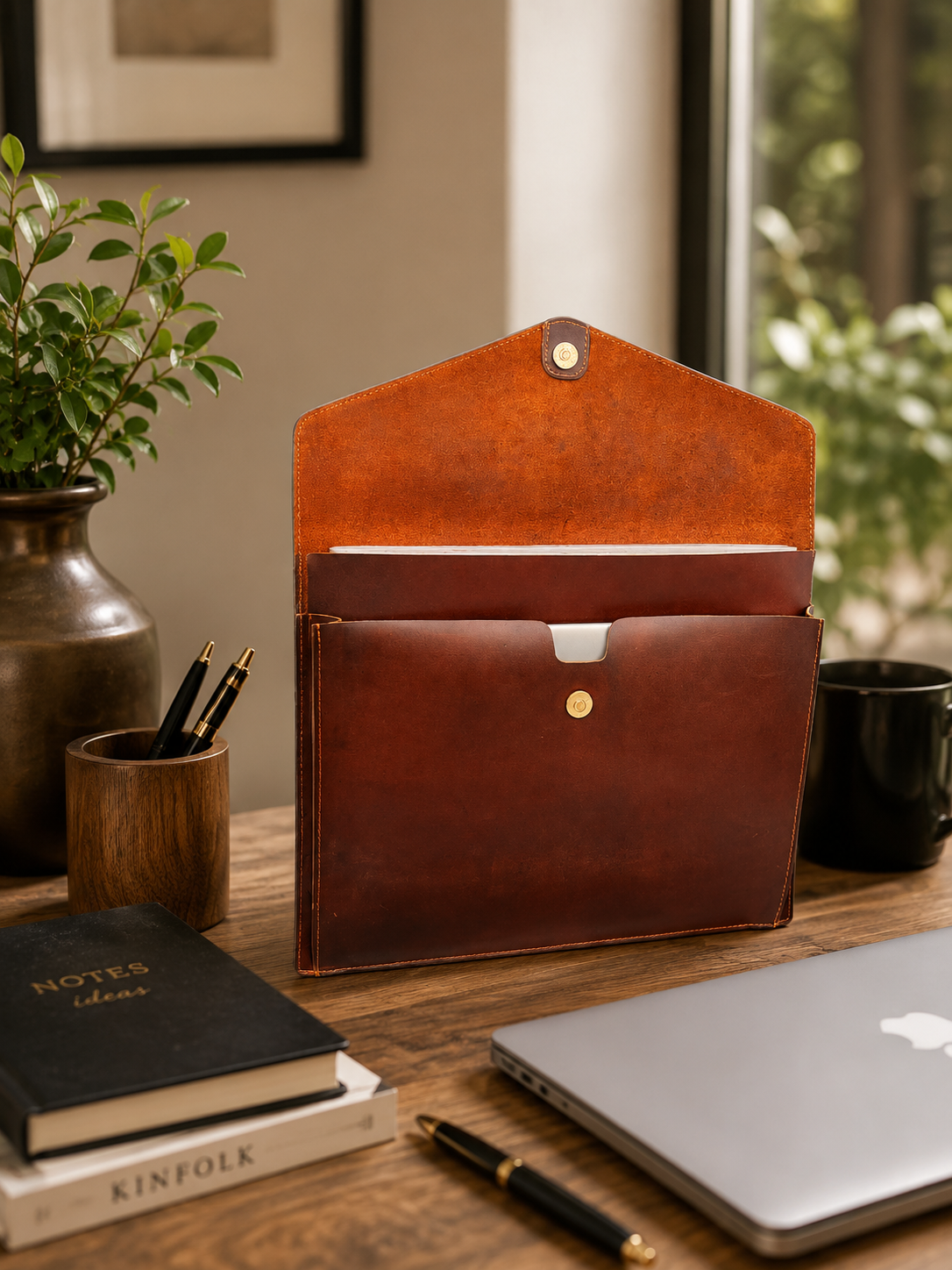 A brown leather document envelope or folder organizer standing open on a wooden desk, surrounded by a laptop, notebook, pens, mug, and plant in a real indoor setting.