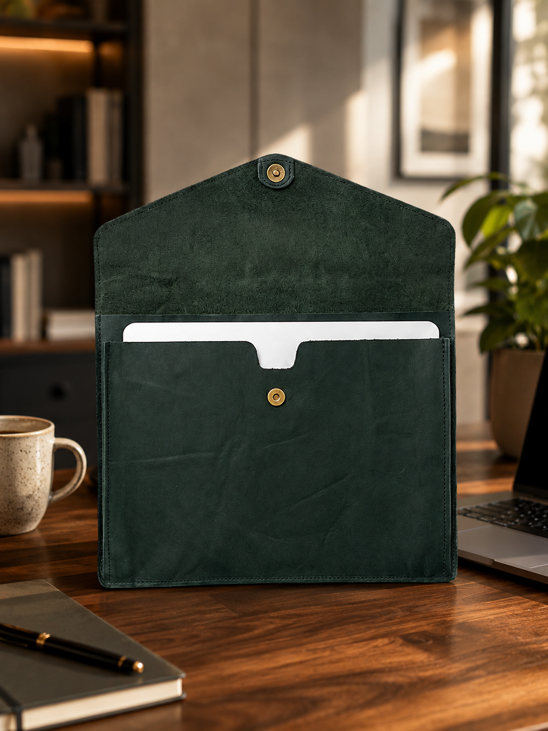 A dark green leather laptop sleeve standing open on a wooden desk, with a white tablet inserted into a front pocket. The scene is styled in a warm office environment with a mug, notebook, pen, laptop, and plant in the background.