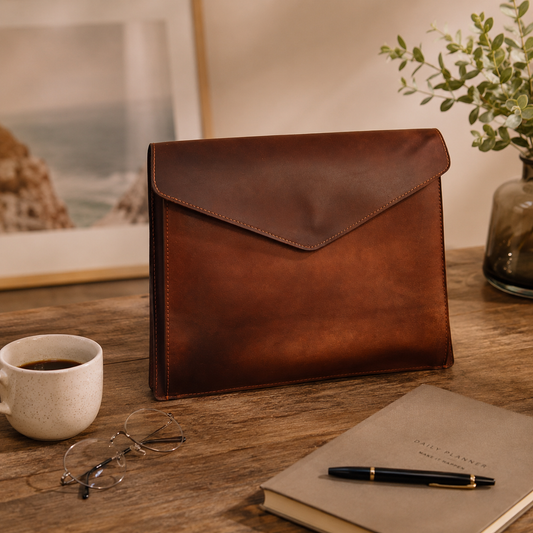 A brown leather envelope-style pouch or sleeve stands on a wooden desk in a styled interior scene, surrounded by a cup of coffee, eyeglasses, a notebook, a pen, and a plant in a vase.