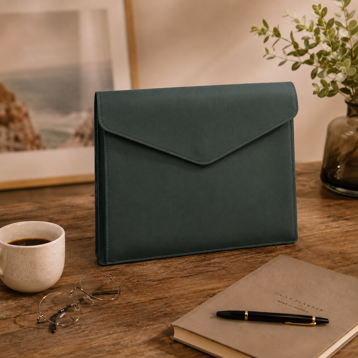 A dark teal envelope-style clutch or tablet sleeve stands on a wooden desk in a styled workspace scene, with a coffee cup, eyeglasses, a notebook, a pen, and a plant in the background.