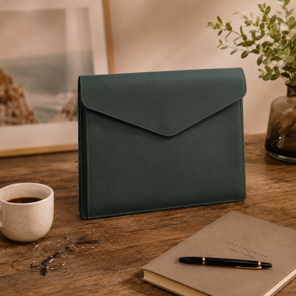 A dark teal envelope-style clutch or tablet sleeve stands on a wooden desk in a styled workspace scene, with a coffee cup, eyeglasses, a notebook, a pen, and a plant in the background.