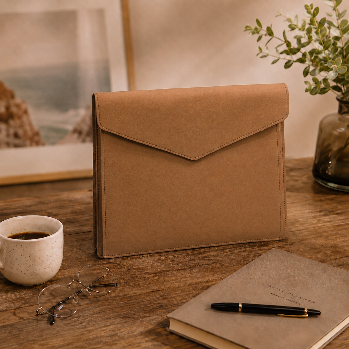 A tan envelope-style sleeve or pouch made of smooth leather-like material, standing on a wooden desk beside a cup of coffee, eyeglasses, a notebook with a pen, and a blurred plant in a vase.