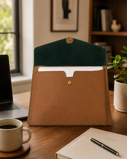 A tan leather document pouch with a dark green velvet interior flap, shown open on a wooden desk with a laptop, coffee cup, notebook, and pen nearby.