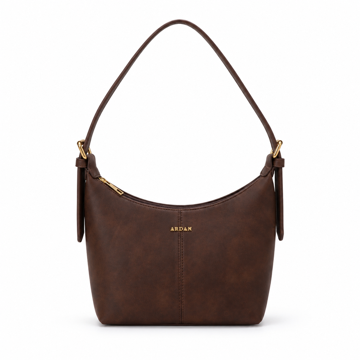 A dark brown faux-leather shoulder bag with gold-tone hardware and a small gold 'ABDAH' logo on the front, shown against a plain white background.