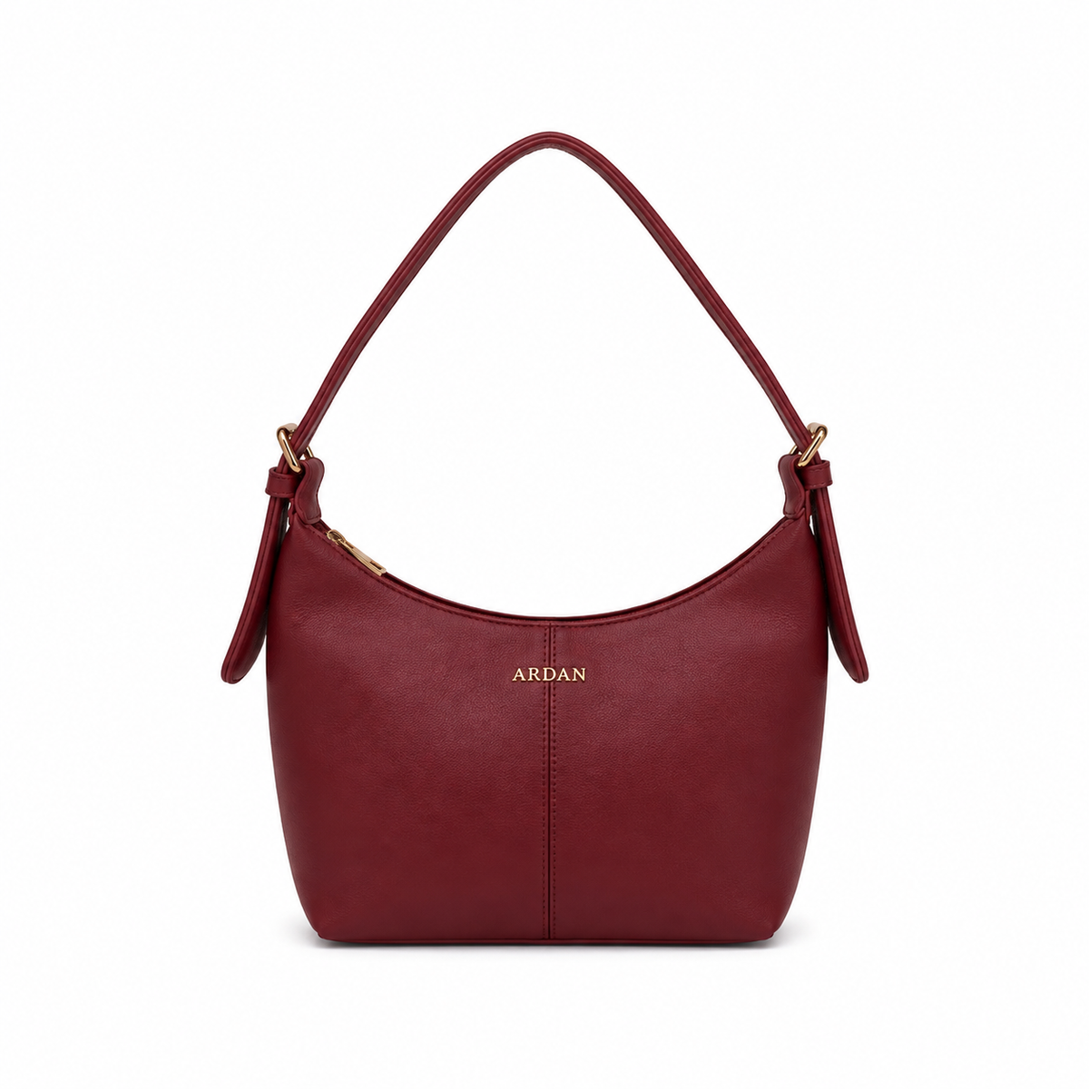 A burgundy leather shoulder bag with a single top handle, gold-tone hardware, and the brand name 'ARDAN' printed in gold on the front, set against a plain white background.