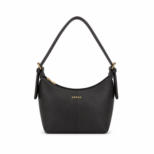 A black leather shoulder bag by ARDAN with gold-tone hardware and a small gold logo on the front, shown against a plain white background.