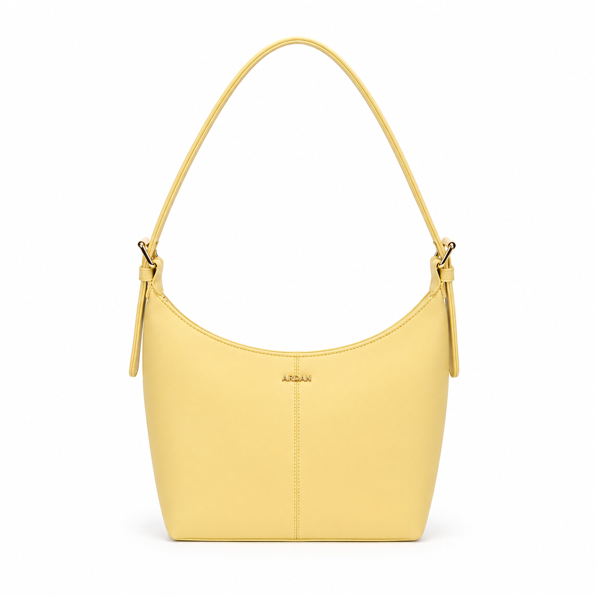 A light yellow leather shoulder bag with a single top handle, gold-tone hardware, and the brand name 'ABIAN' embossed on the front, set against a plain white background.