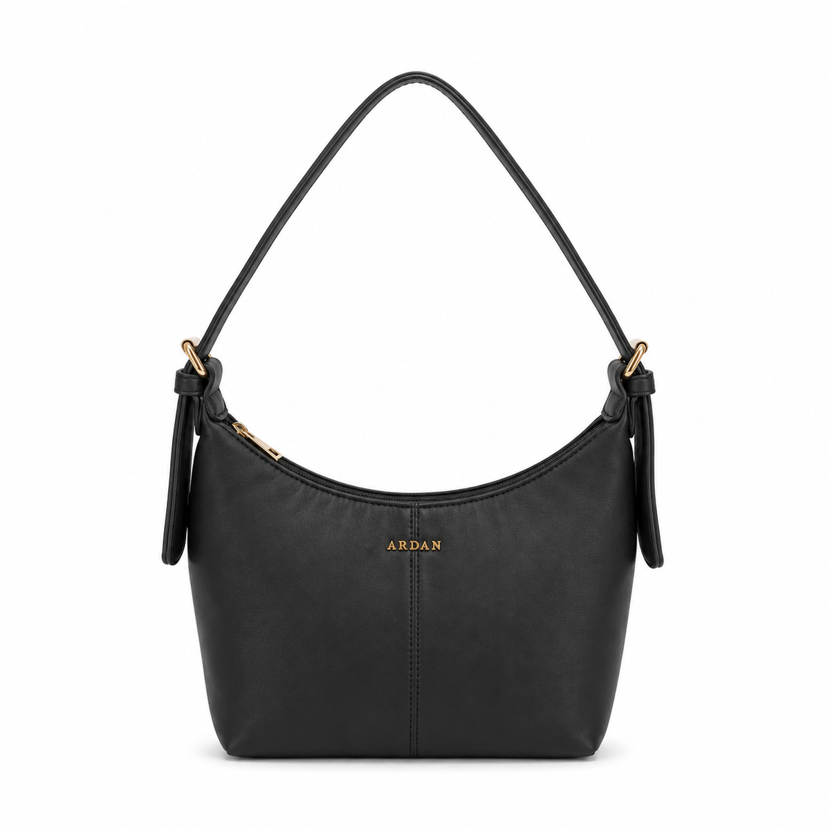 A black leather shoulder bag with a curved top, gold-tone hardware, and the brand name 'ARZAN' in gold lettering on the front, set against a plain white background.
