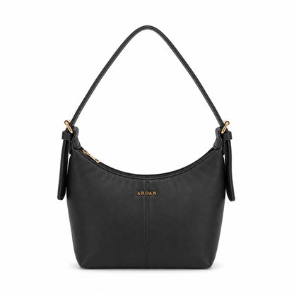 A black leather shoulder bag with a curved top, gold-tone hardware, and the brand name 'ARZAN' in gold lettering on the front, set against a plain white background.