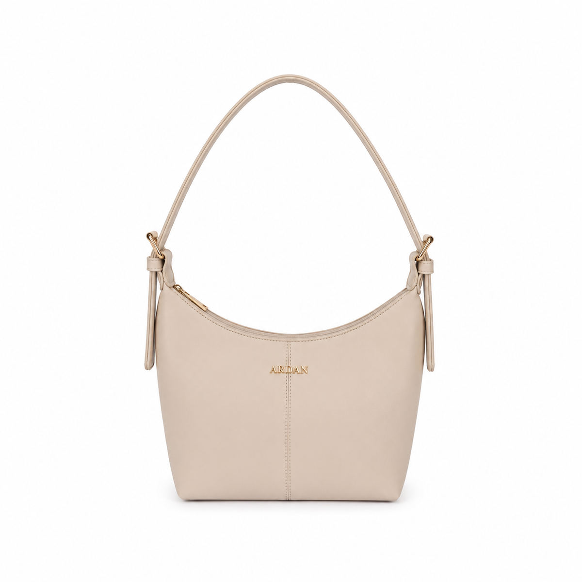 A light beige leather shoulder bag with a curved top, a single shoulder strap, and a small gold-tone 'ALEXAN' logo on the front, set against a plain white background.